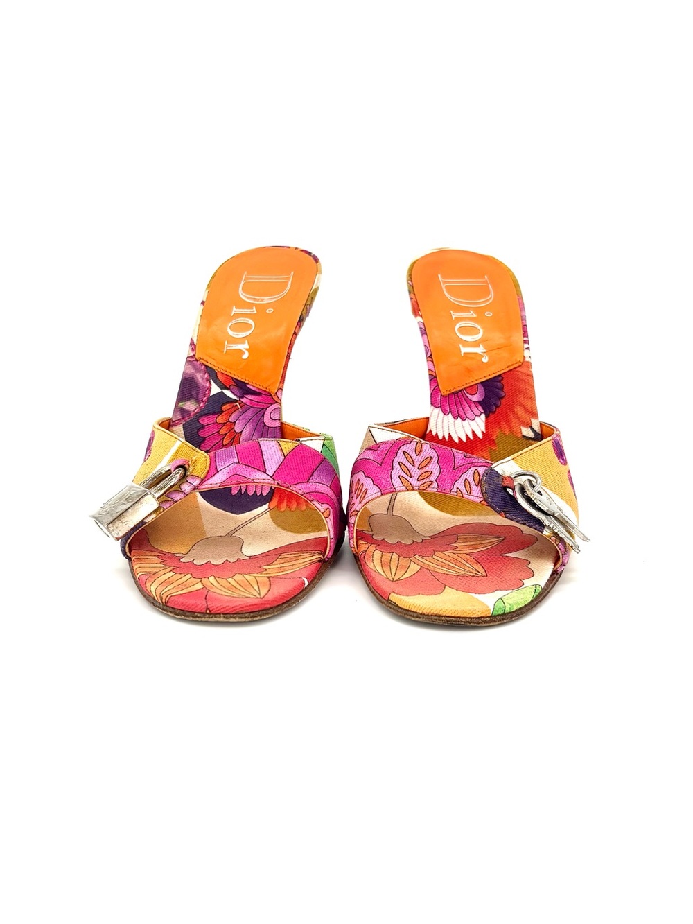 Christian Dior Vintage John Galliano Padlock and Key Floral Print Mules 37.5 - Picture 2 of 10